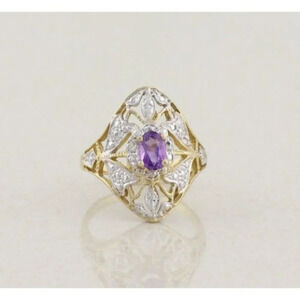 10k Yellow Gold and White Gold Natural Amethyst Ring Filigree Flower Size 7